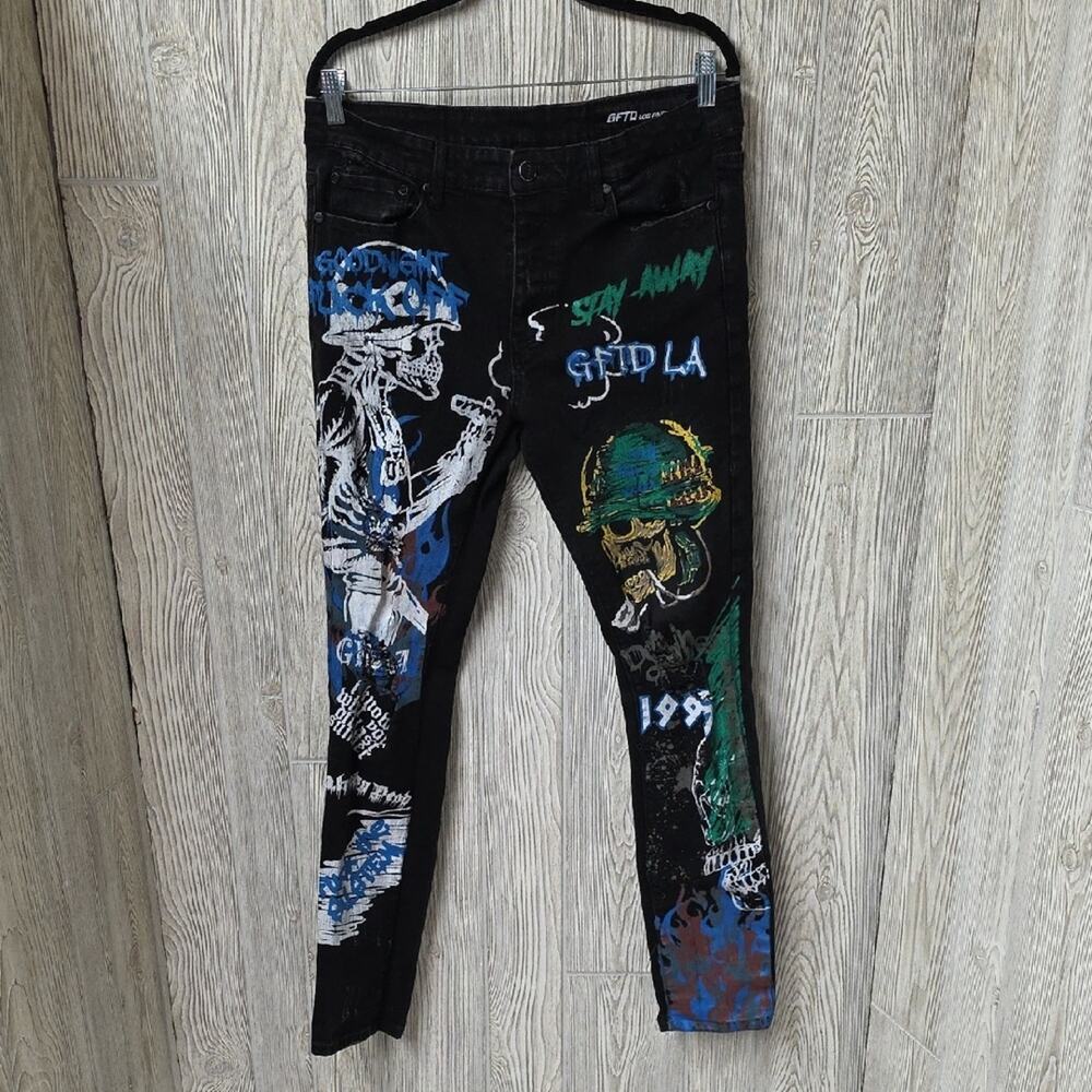 GFTD LA  Black SED Skinny Fit Graphic Distressed Skull Paint Jeans Mens 34